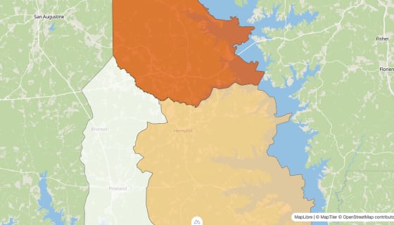 Map preview of Sabine County, TX - Population Change 2010-2023 (%)