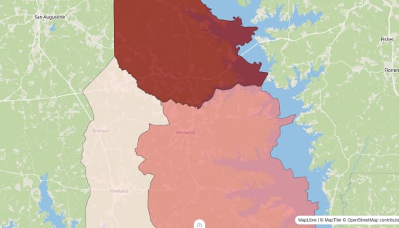 Map preview of Sabine County, TX - Population Change 2020-2023 (Total)