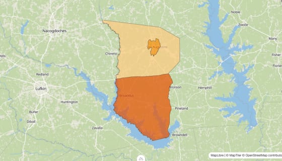 Map preview of San Augustine County, TX - Population Change 2010-2023 (%)