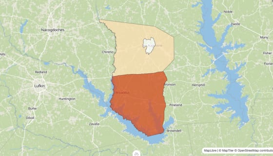 Map preview of San Augustine County, TX - Population Change 2020-2023 (%)
