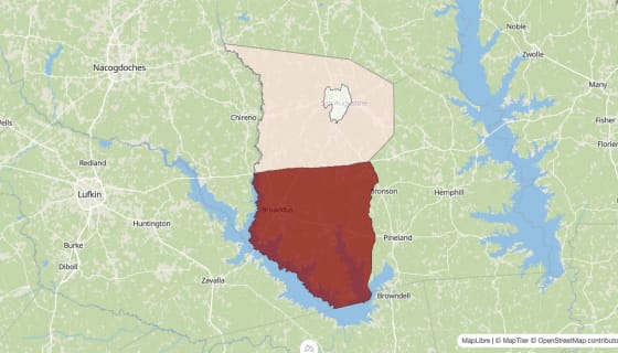 Map preview of San Augustine County, TX - Population Change 2020-2023 (Total)