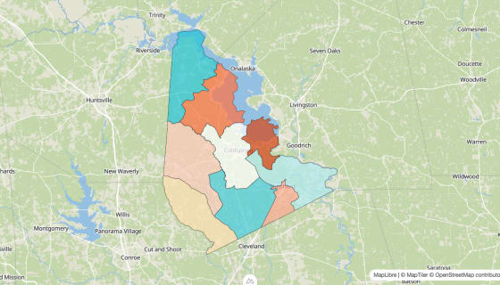 Map preview of San Jacinto County, TX - Population Change 2020-2023 (%)