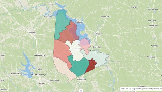 Map preview of San Jacinto County, TX - Population Change 2020-2023 (Total)