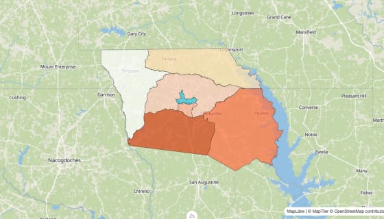 Map preview of Shelby County, TX - Population Change 2020-2023 (%)