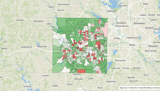 Map preview of Tarrant County, TX - Population Change 2010-2023 (Total)