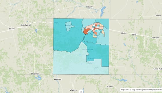 Map preview of Taylor County, TX - Population Change 2020-2023 (%)