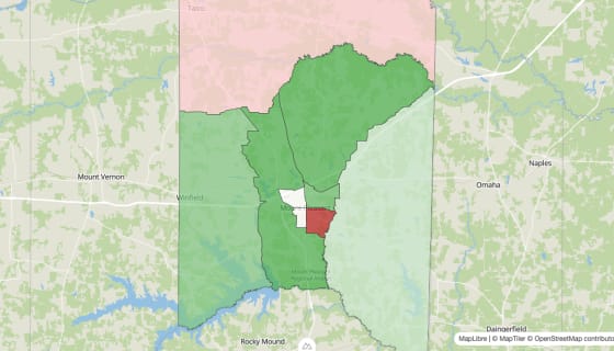 Map preview of Titus County, TX - Population Change 2010-2023 (Total)