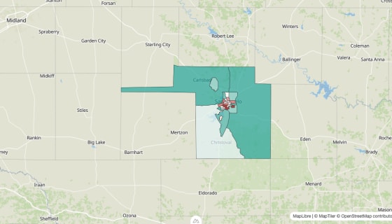 Map preview of Tom Green County, TX - Population Change 2020-2023 (Total)