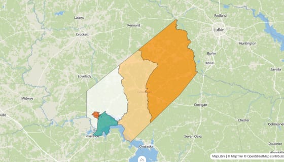 Map preview of Trinity County, TX - Population Change 2010-2023 (%)