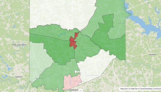 Map preview of Upshur County, TX - Population Change 2010-2023 (Total)