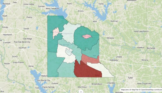 Map preview of Van Zandt County, TX - Population Change 2020-2023 (Total)