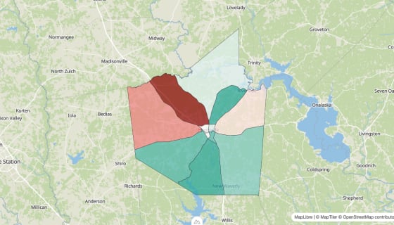 Map preview of Walker County, TX - Population Change 2020-2023 (Total)