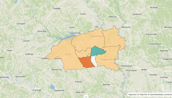 Map preview of Washington County, TX - Population Change 2010-2023 (%)