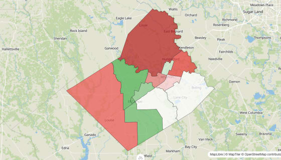 Map preview of Wharton County, TX - Population Change 2010-2023 (Total)