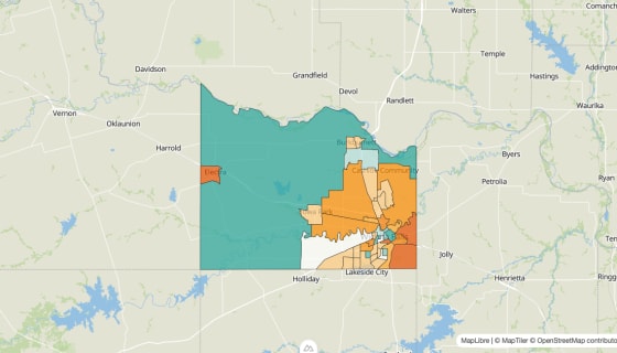 Map preview of Wichita County, TX - Population Change 2010-2023 (%)