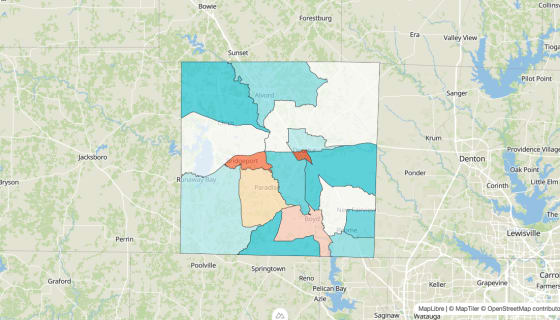 Map preview of Wise County, TX - Population Change 2020-2023 (%)