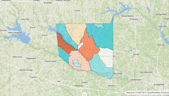 Map preview of Wood County, TX - Population Change 2020-2023 (%)