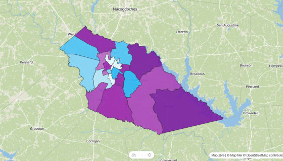 Map preview of Angelina County, TX - Median Age