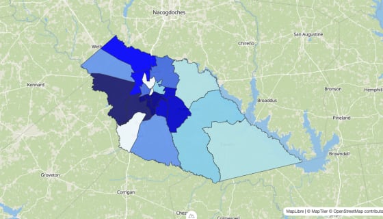 Map preview of Angelina County, TX - Median Home Value