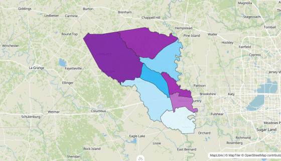 Map preview of Austin County, TX - Median Age
