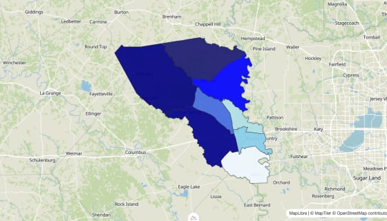 Map preview of Austin County, TX - Median Home Value