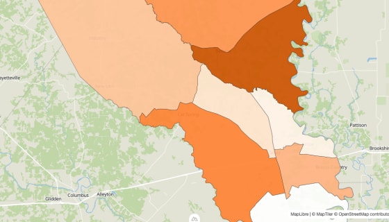 Map preview of Austin County, TX - Population by Census Tract (2023)