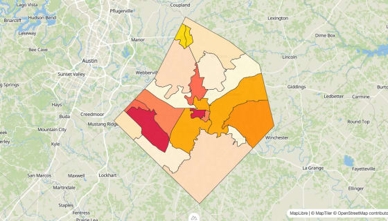 Map preview of Bastrop County, TX - Median Gross Rent