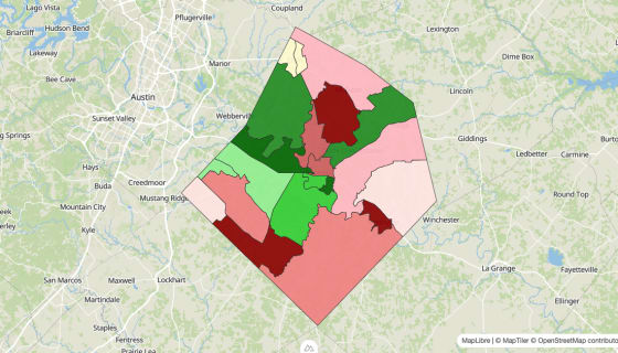 Map preview of Bastrop County, TX - Median Household Income
