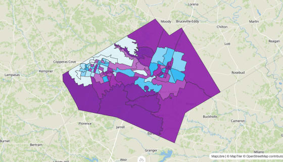 Map preview of Bell County, TX - Median Age