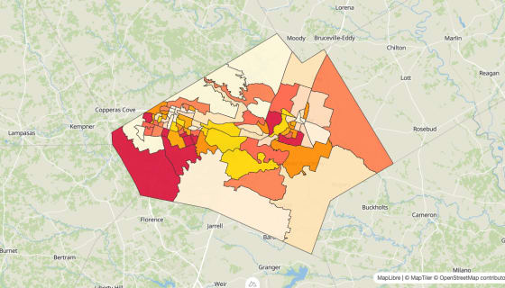 Map preview of Bell County, TX - Median Gross Rent