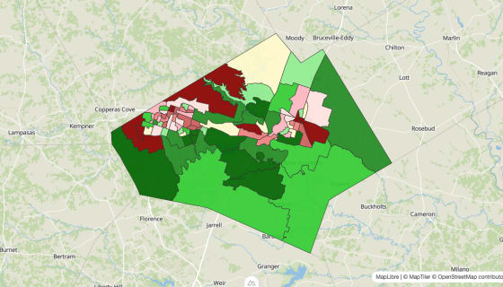 Map preview of Bell County, TX - Median Household Income