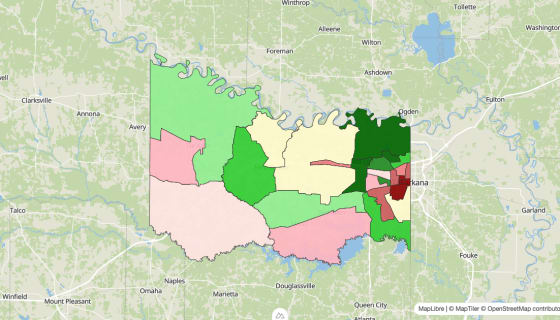 Map preview of Bowie County, TX - Median Household Income