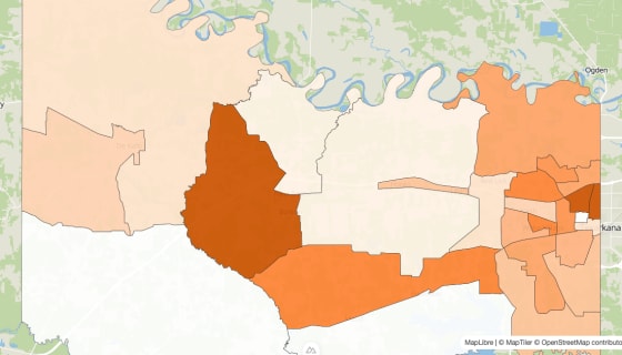 Map preview of Bowie County, TX - Population by Census Tract (2023)