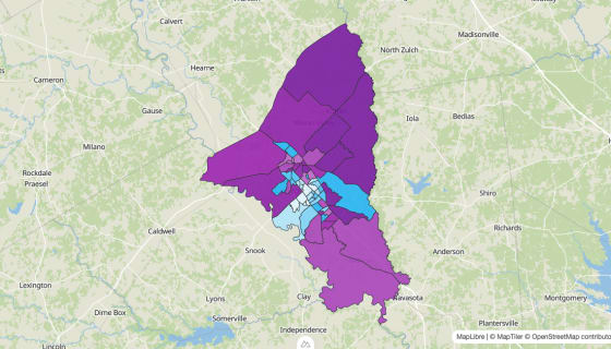 Map preview of Brazos County, TX - Median Age
