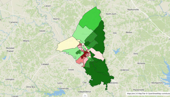 Map preview of Brazos County, TX - Median Household Income