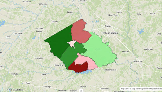 Map preview of Burleson County, TX - Median Household Income
