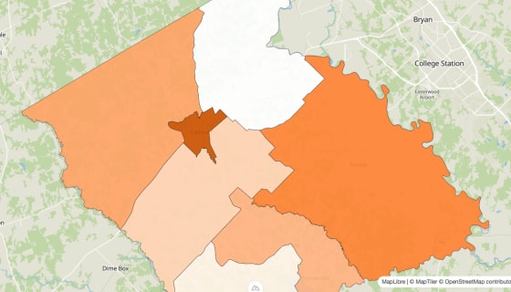Map preview of Burleson County, TX - Population by Census Tract (2023)