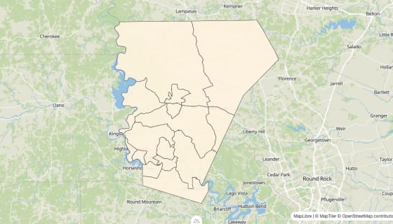 Map preview of Burnet County, TX - Bachelor's Degree Rate
