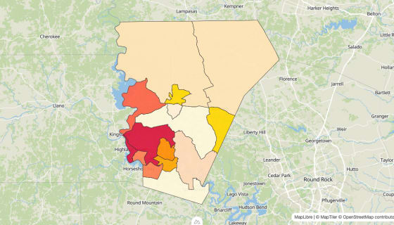 Map preview of Burnet County, TX - Median Gross Rent