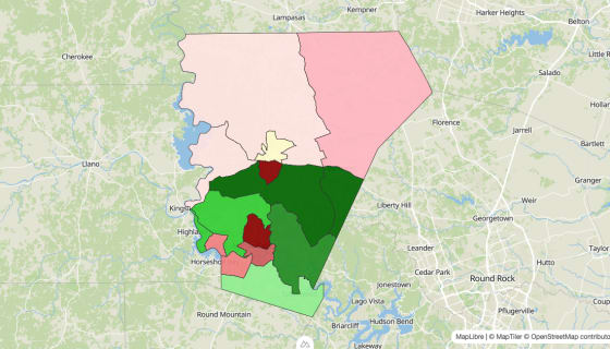 Map preview of Burnet County, TX - Median Household Income