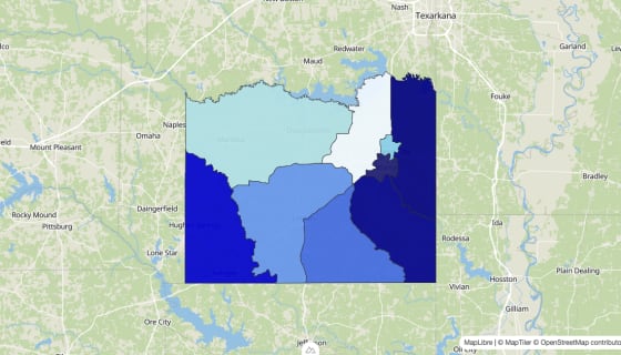 Map preview of Cass County, TX - Median Home Value