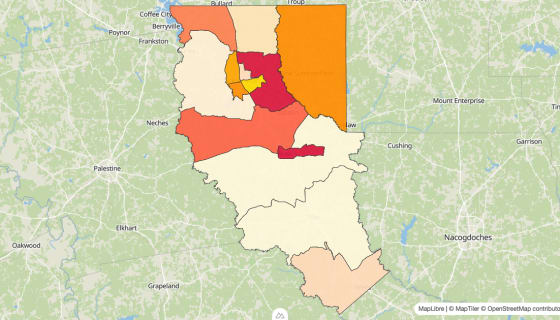 Map preview of Cherokee County, TX - Median Gross Rent