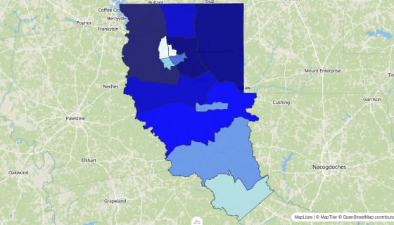 Map preview of Cherokee County, TX - Median Home Value