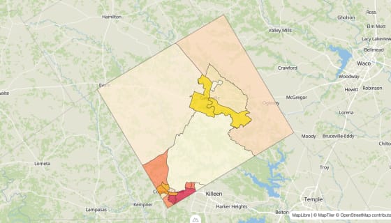 Map preview of Coryell County, TX - Median Gross Rent