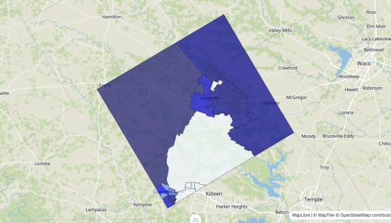 Map preview of Coryell County, TX - Median Home Value