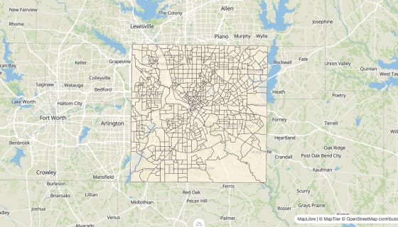 Map preview of Dallas County, TX - Bachelor's Degree Rate