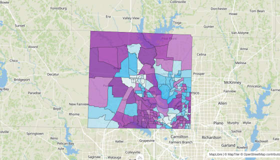 Map preview of Denton County, TX - Median Age
