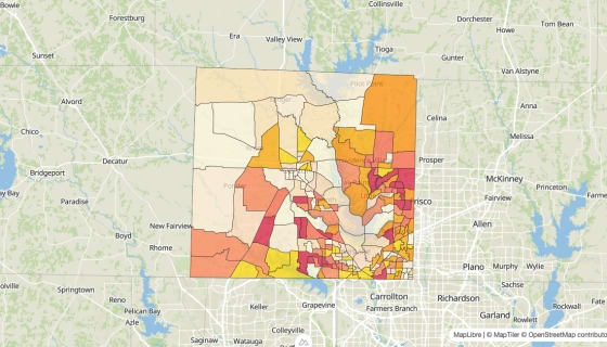 Map preview of Denton County, TX - Median Gross Rent