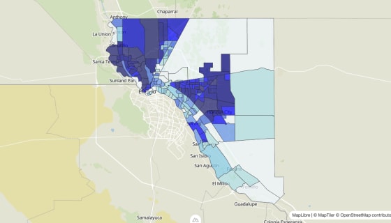 Map preview of El Paso County, TX - Median Home Value