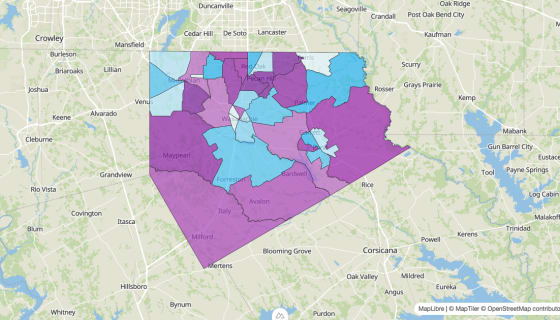 Map preview of Ellis County, TX - Median Age